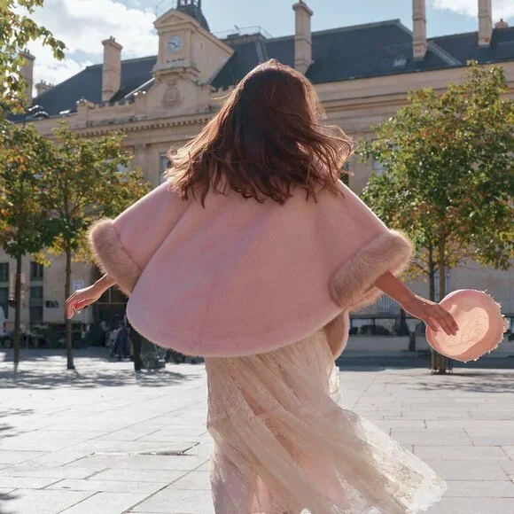 Pink Faux Fur Trim Cape Poncho Wrap - Picture 5 of 5